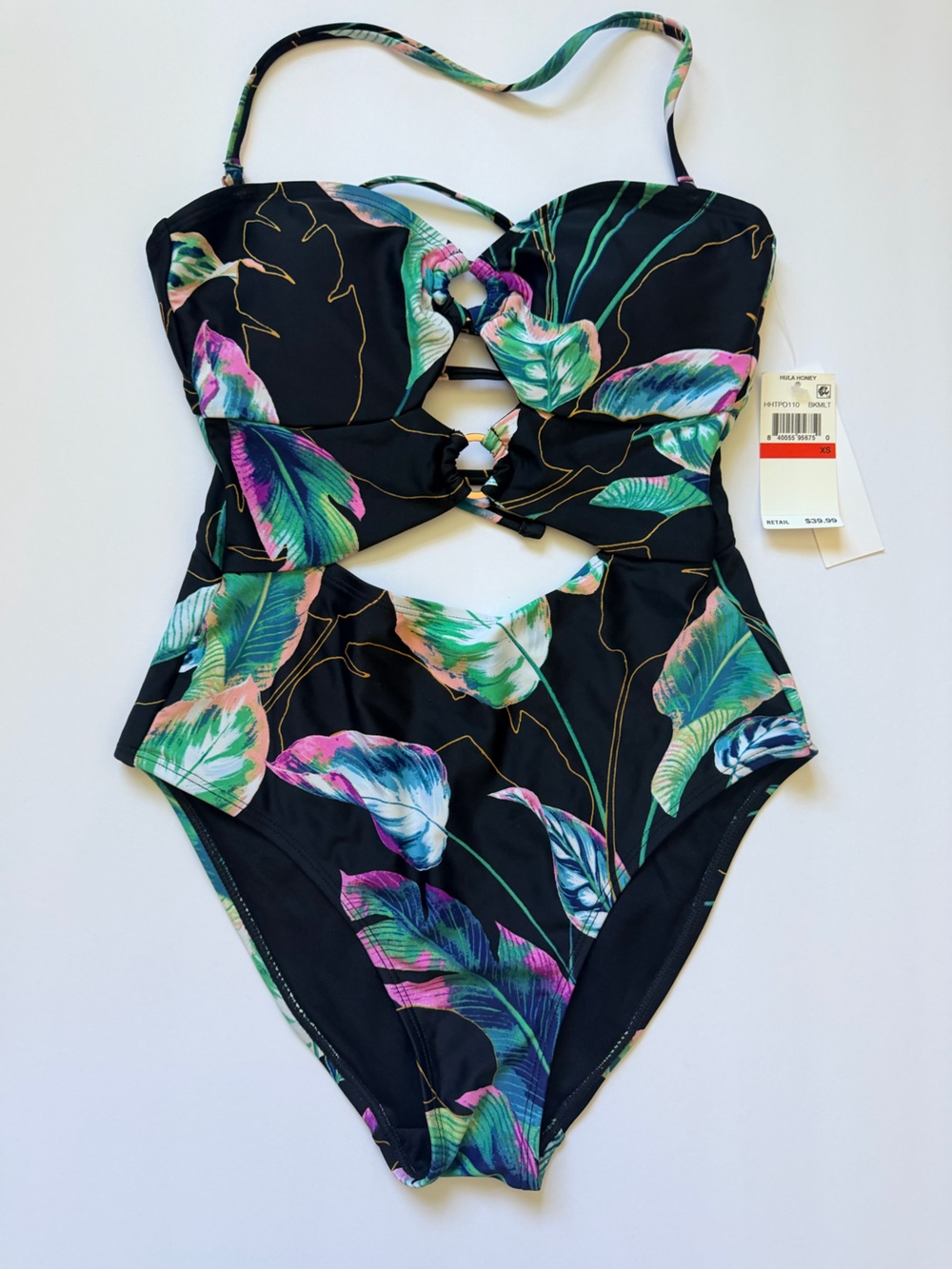 Hula Honey Black High-Waist Tropical Cutout One-Piece Swimsuit - Multi